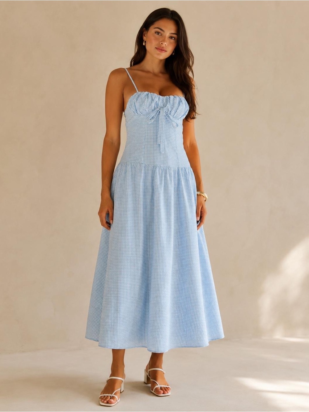 Molly Hello Blue Gingham Tie Back Midi Dress Size M